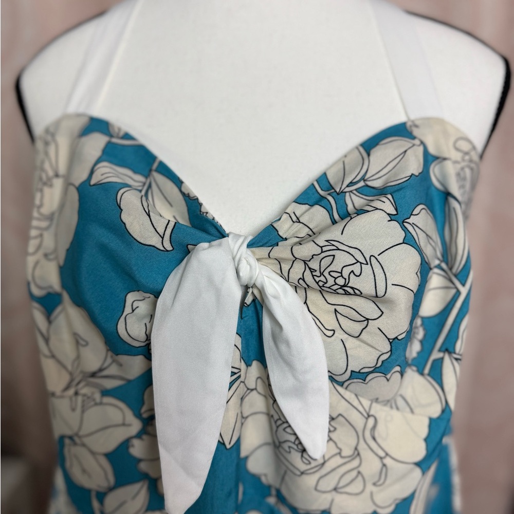 Unique Vintage Retro Blue White Hawaiian Floral A-Line Halter Dress Size XL 14. - Picture 3 of 11